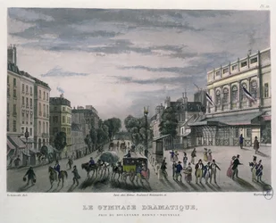Le théâtre Gymnase Dramatique, Paris, 1832 (gravure en couleur)